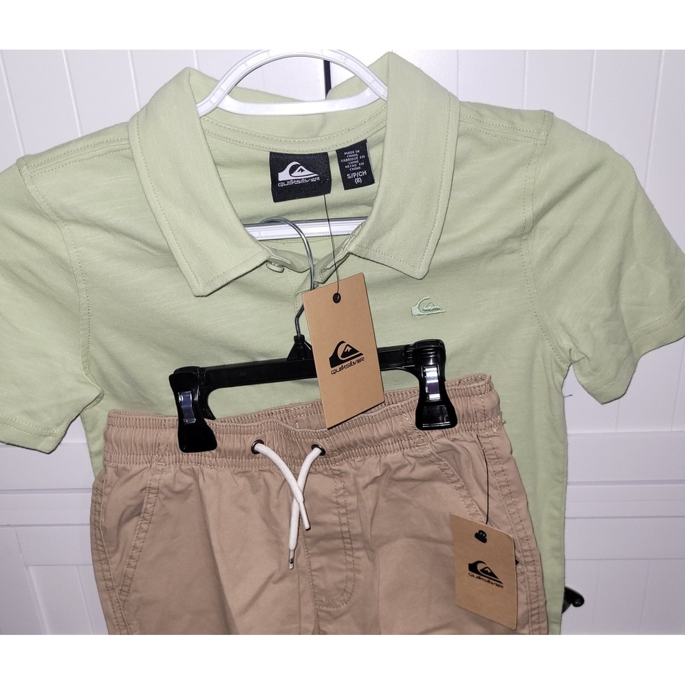 Quiksilver Boys 2pc Set Lime Green Polo Shirt Khaki Shorts Size S 8 NWT